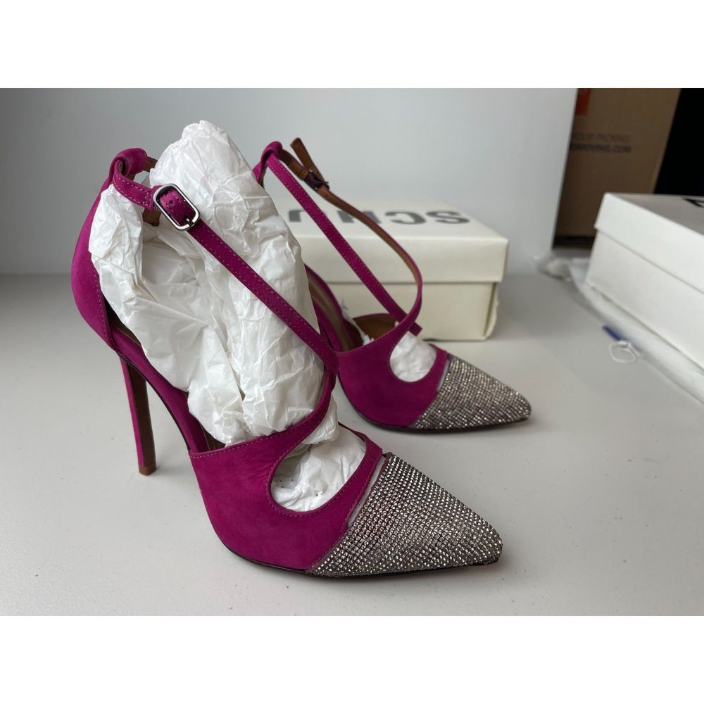 Schutz Pink Suede & Crystal Embellished Pointed-Toe Heels - Size 8B